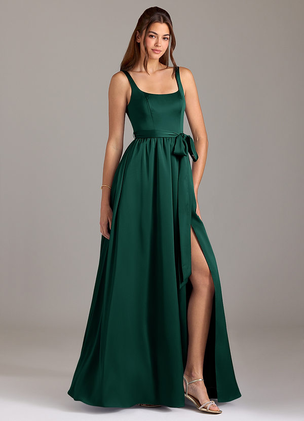Azazie Elliott Bridesmaid Dresses Emerald A-Line with Pockets Stretch Satin Dress image1