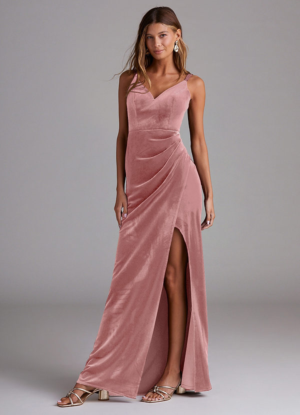 Azazie Leo Robes Demoiselle d'honneur Robe Fourreau en velours Plissée Rose Poussiéreuse image1