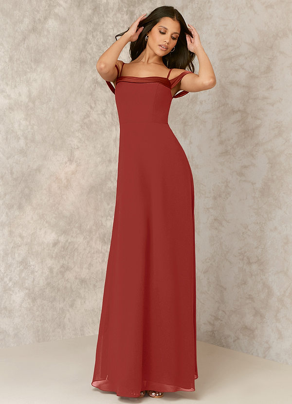 Terracotta Stretch Satin Off Shoulder Chiffon A Line Dress Bridesmaid Dresses Azazie 