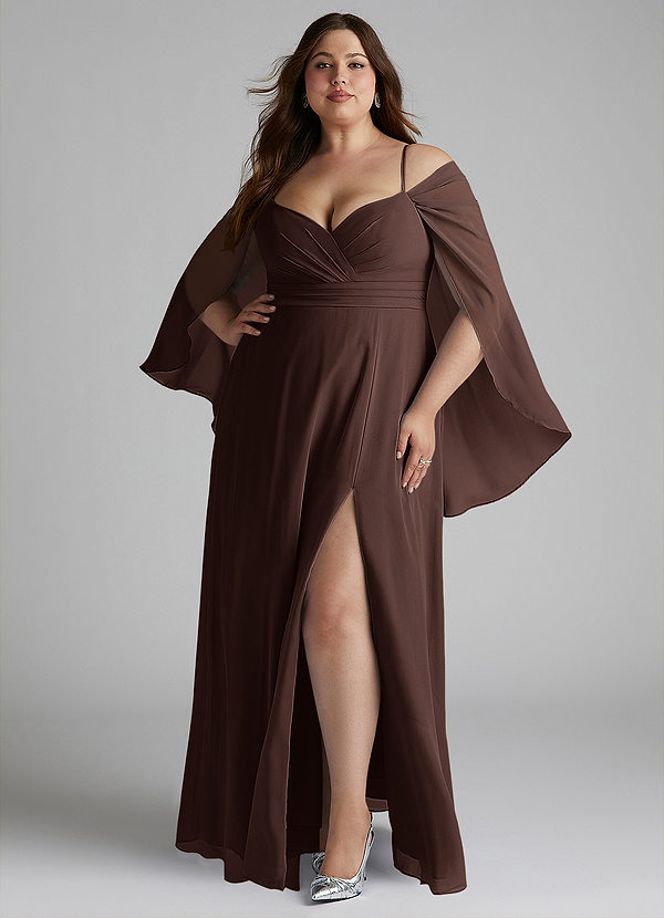 Azazie Cienna Robes Demoiselle d'honneur Robe Trapèze en Mousseline de soie Manche longue Ganache image1