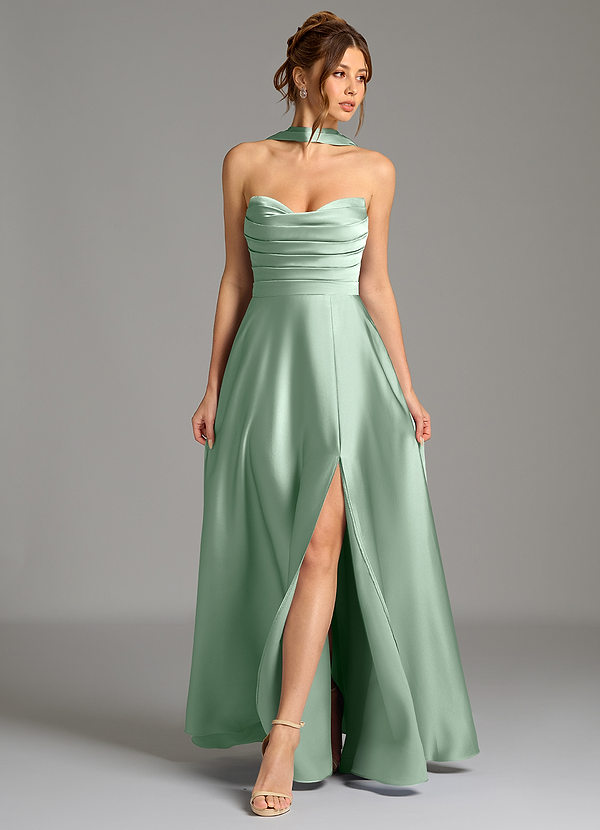 Azazie Ayla Suknie dla druhen Linia A Gorset Satyna elastyczna Do ziemi Sukienka image1