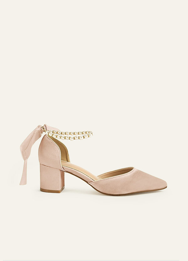 front Matching Color Matte Satin Pearl and Bow Pointed Toe Block Heels
