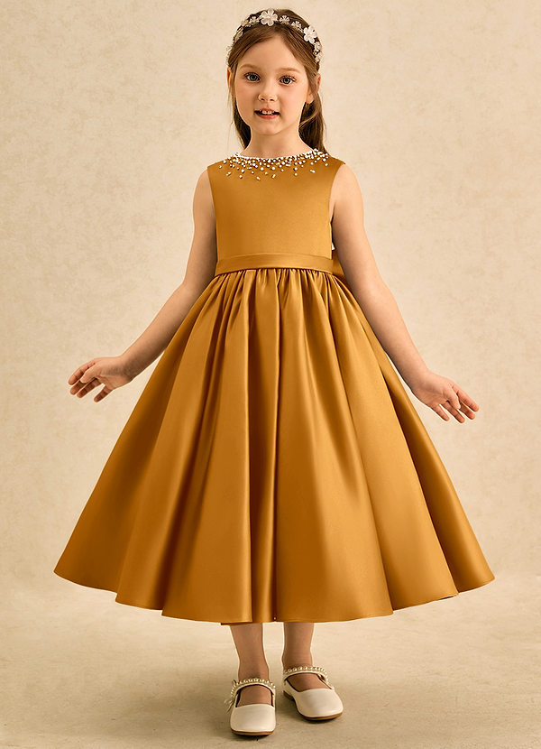Azazie Doodle Flower Girl Dresses Butterscotch Ball-Gown Bow Matte Satin Dress image1