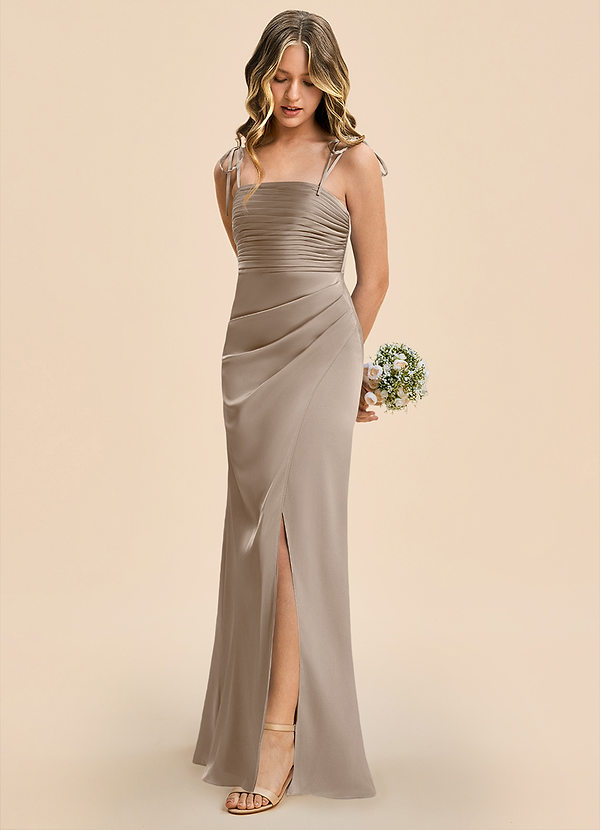 Azazie Reagan Junior Taupe Sheath Pleated Stretch Satin Dress image1