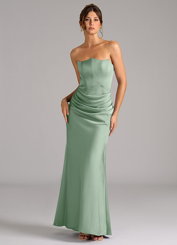 Azazie Debby Bruidsmeisjes Jurken Converteerbaar Jurk van Stretch Satijn met Zeemeermin Strapless Agave image1