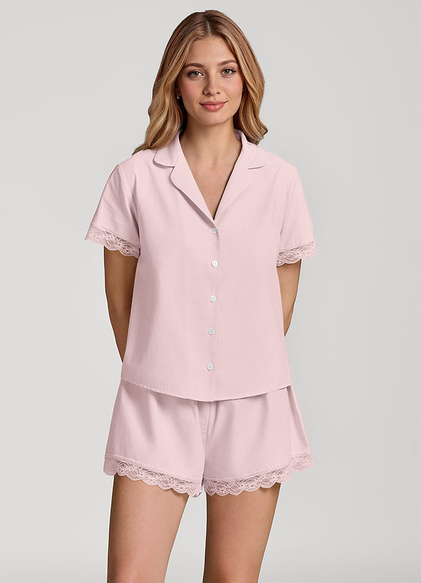 front Blushing Pink Lace Short Sleeve Cotton Pajama Set