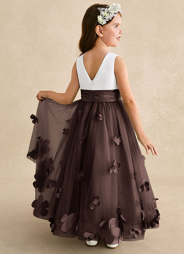 Azazie Vi 플라워 걸 드레스 A라인 소매 없는 얇실버 명주 그물 발목 길이 드레스 image1