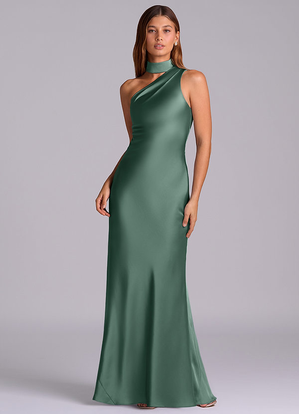 Azazie Seona Robes Demoiselle d'honneur Robe Sirène en Satin extensible Ue épaule Eucalyptus image1