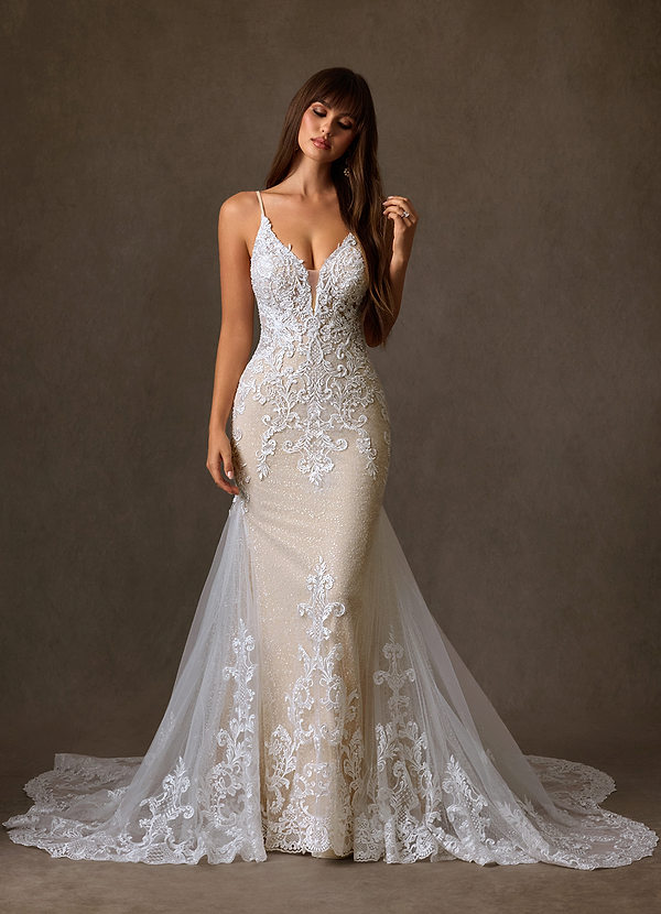 Diamond White Champagne Mermaid V-Neck Lace Dress