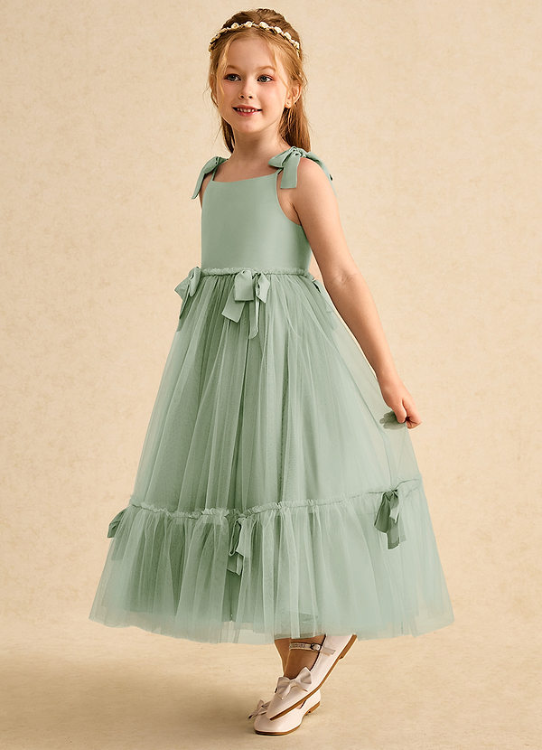 Azazie Jaci Blumenkinder Kleider A-Linie Spaghetti Riemen Chiffon Kleid Staubiger Salbeigrün image1