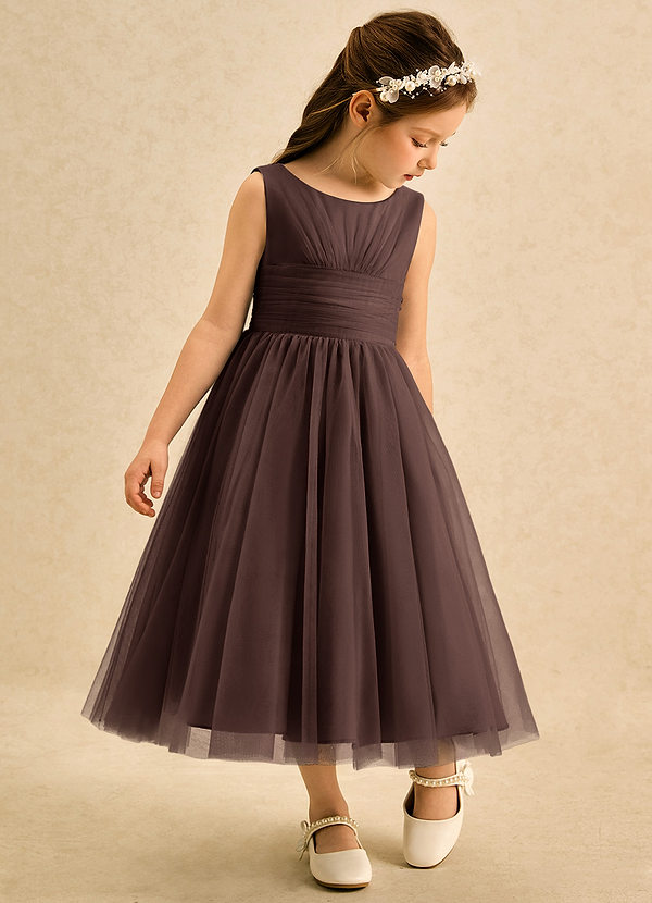 Azazie Macaron Robes de Fillette d'Honneur Robe Trapèze en Tulle Plissée Ganache image1