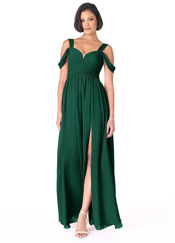 Azazie Lianne Bridesmaid Dresses Emerald A-Line Off the Shoulder Chiffon Dress image1