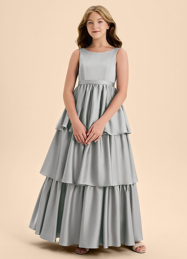Azazie Meadowyn Junior Silver A-Line Bow Stretch Satin Dress image1