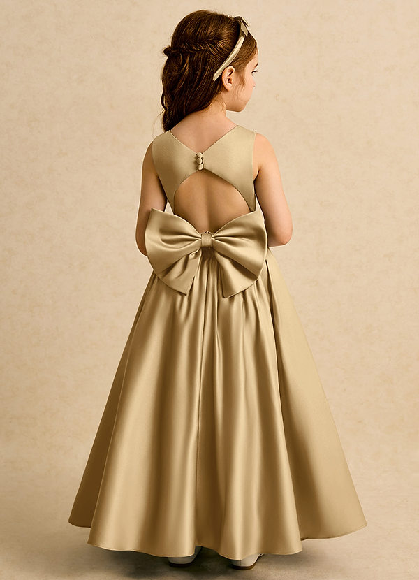 Azazie Nellia Blumenkinder Kleider A-Linie Schleifen Matte Satin Kleid Gold image1