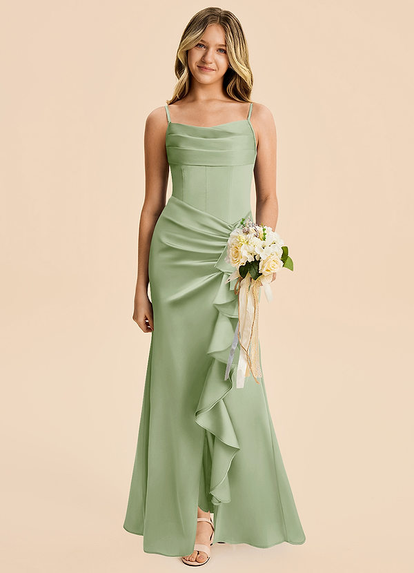 Azazie Rosalia Junior Robe Fourreau en Satin extensible Plissé Vert Sauge image1