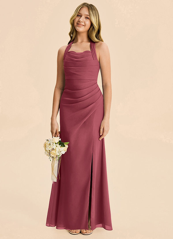 Azazie Destiny Junior Merlot Sheath Ruched Chiffon Dress image1