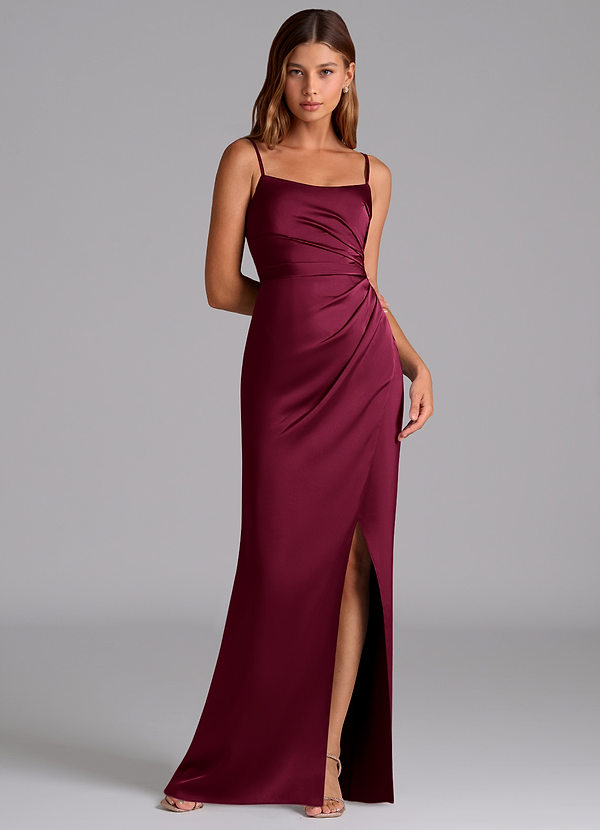 Azazie Calandra Robes de demoiselle d'honneur Robe Fourreau en Satin extensible Plissé Bourgogne image1