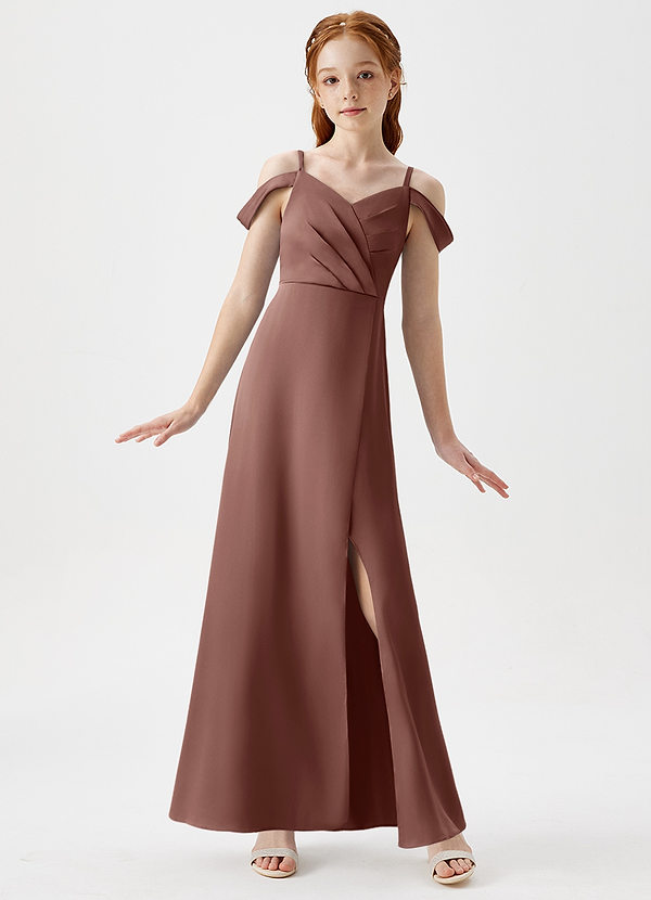 Azazie Ocean Junior A-Linie Schulterfrei Stretch-Satin Kleid Espresso image1