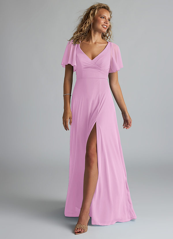 Azazie Induh Bruidsmeisjes Jurken Jurk van Mesh met A-Lijn Fladderende V-hals Snoep Roze image1