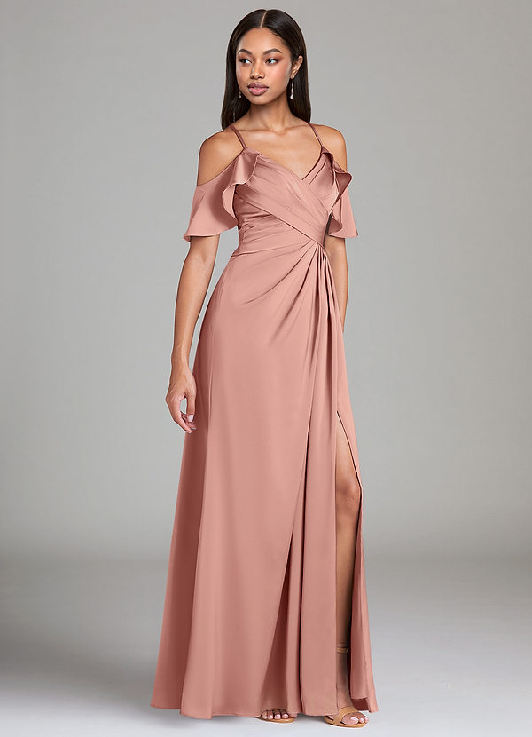 Azazie Dakota Bridesmaid Dresses Rosette A-Line Off the Shoulder Stretch Satin Dress image1