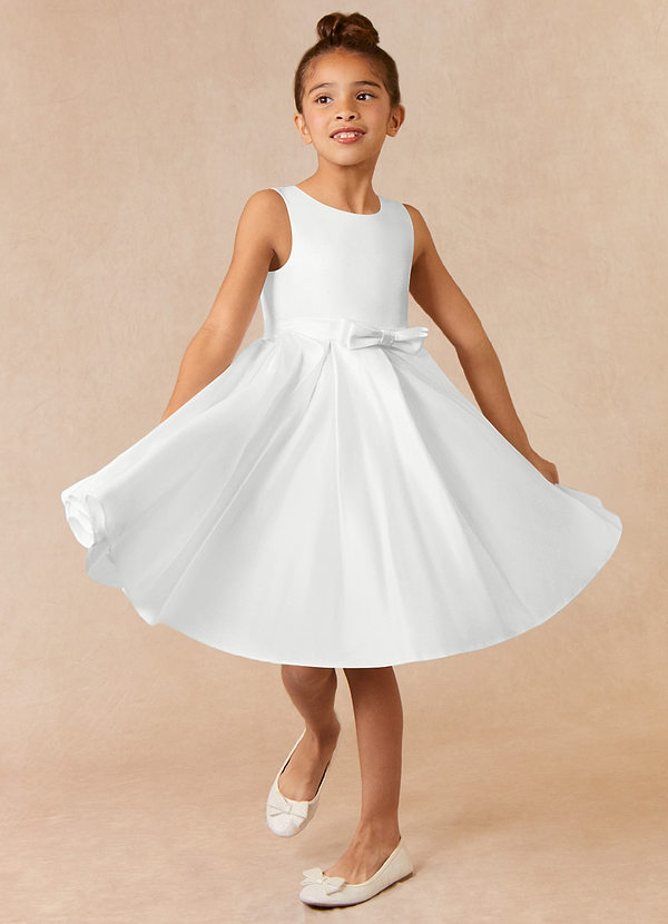 Azazie Coco Flower Girl Dresses Diamond White A-Line Bow Matte Satin Dress image1