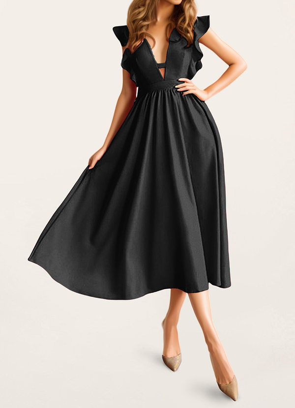 front Robe Noir Longueur Midi en Satin à Manches Flottantes