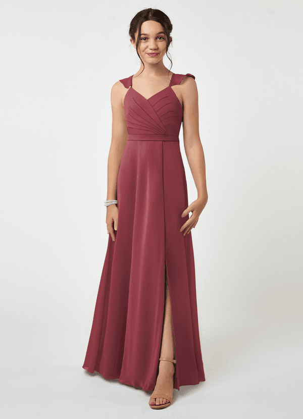 Azazie Emily Junior Robe Trapèze en Mousseline de soie Rayé Merlot image1
