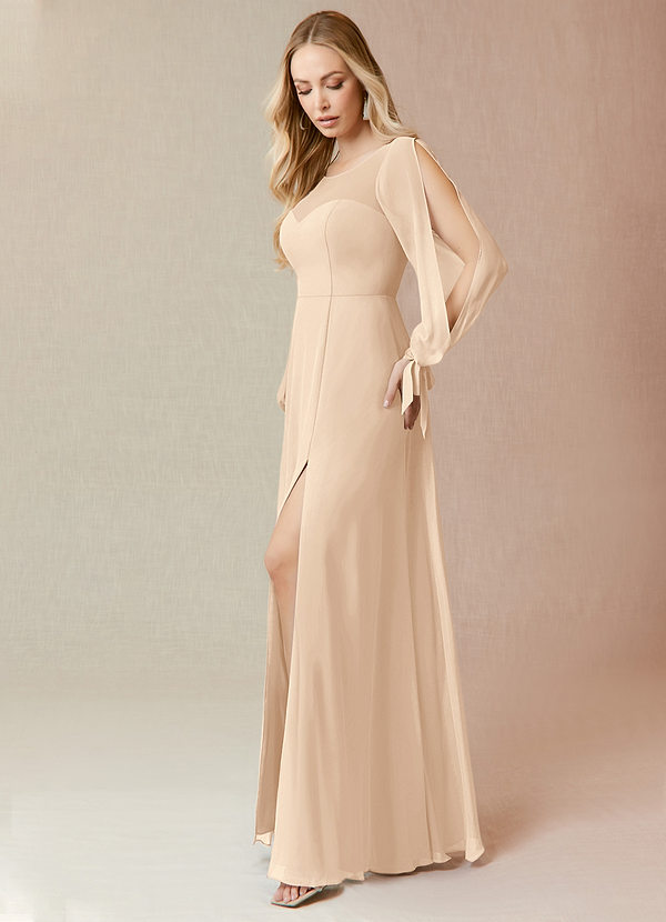 Azazie Geo Bridesmaid Dresses A-Line Long Sleeve Chiffon Floor-Length Dress image1