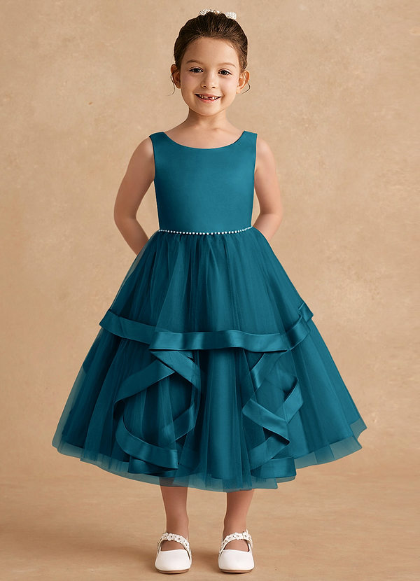 Azazie Posy Flower Girl Dresses Ink Blue A-Line Beaded Tulle Dress image1