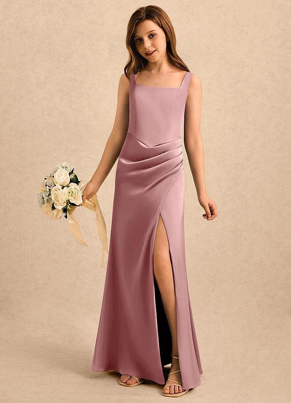 Azazie Noah Girls Formal Sukienki dla Dziewczynki Sypiącej Kwiaty Osłona Pofałdowany Satyna elastyczna Długość podłogi Sukienka image1