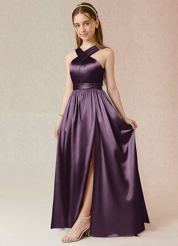 Azazie Jiya Junior Plum A-Line Pleated Metallic Satin Dress image1
