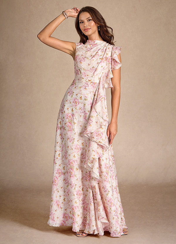 Azazie Narine Robe Mère de la Mariée & du Marié Robe Trapèze en mousseline fleurie Plissée Rose Antique Florale image1