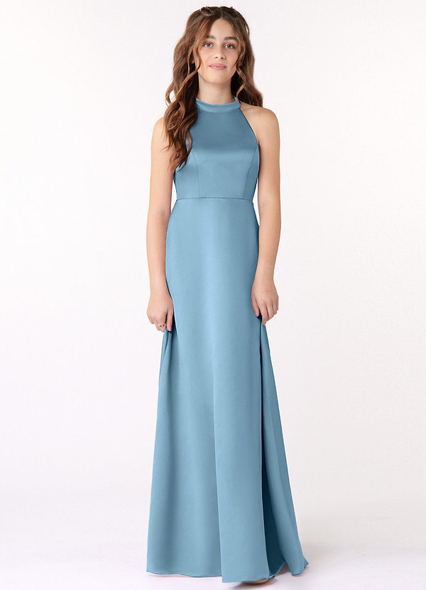 Azazie Laurel Junior Steel Blue A-Line Stretch Satin Dress image1