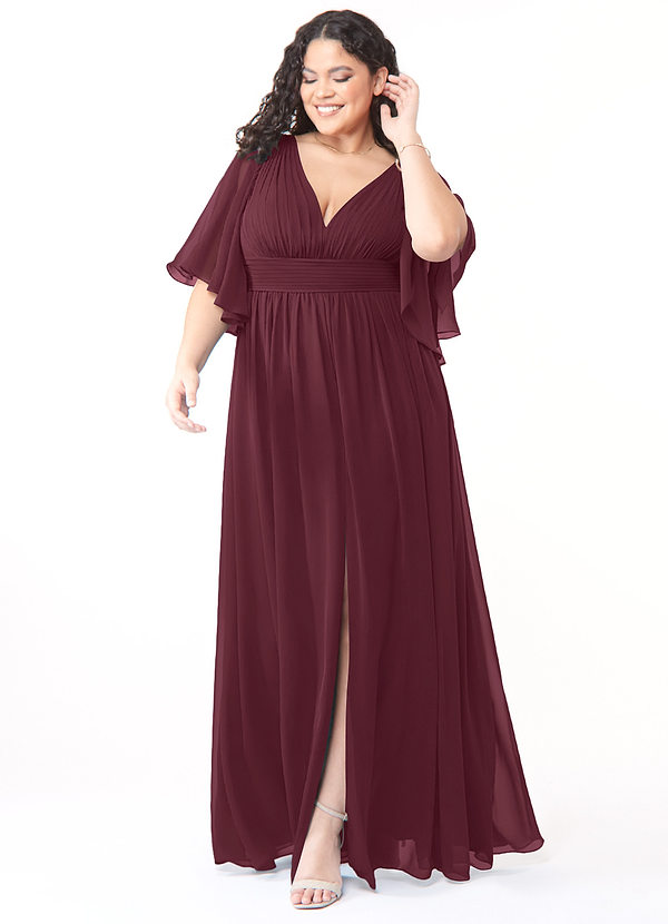 Azazie Temeka Robes Demoiselle d'honneur Robe Trapèze en Mousseline de soie Rayé Cabernet image1