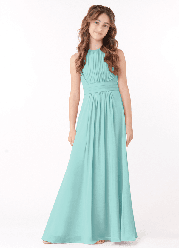 Azazie Bonnie Junior Aqua A-Line Pleated Chiffon Dress image1