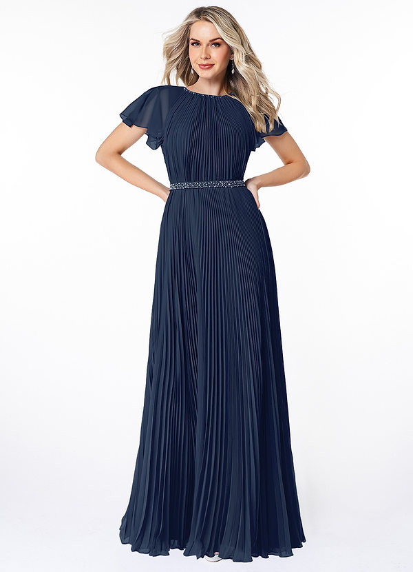 Azazie Kara Modest Bridesmaid Dresses A-Line Pleated Chiffon Floor-Length Dress image1