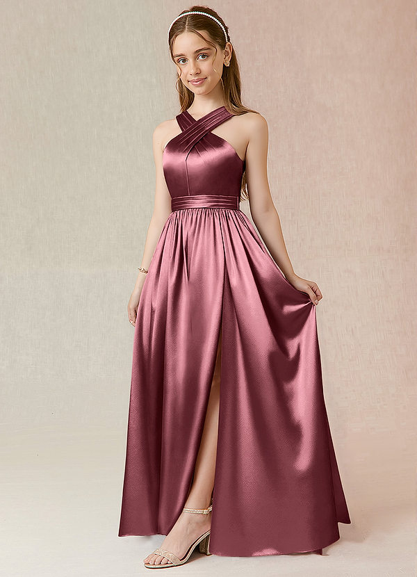 Azazie Jiya Junior Robe Trapèze en Satiné métallisé Plissée Rose Du Désert image1