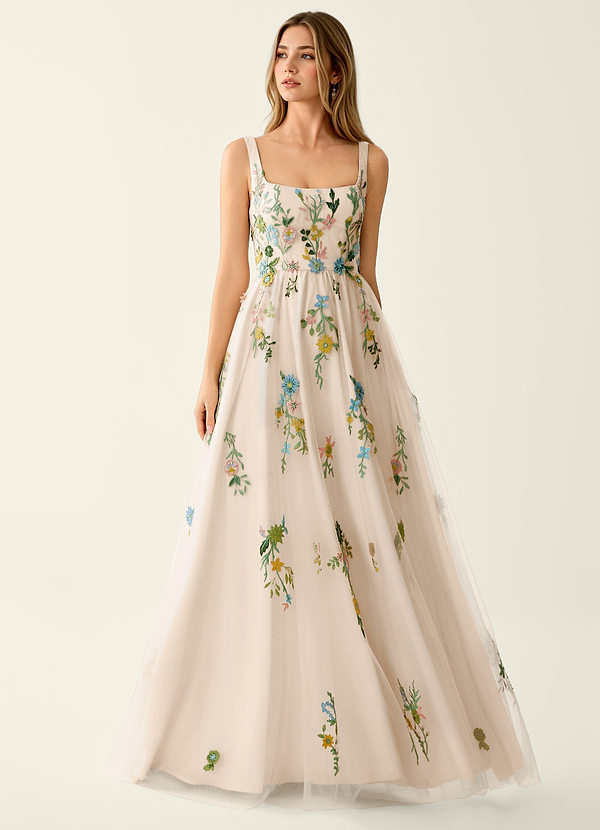 Saofire Blush Rosa Multi Abito da ballo con fiori ricamati colorati image1