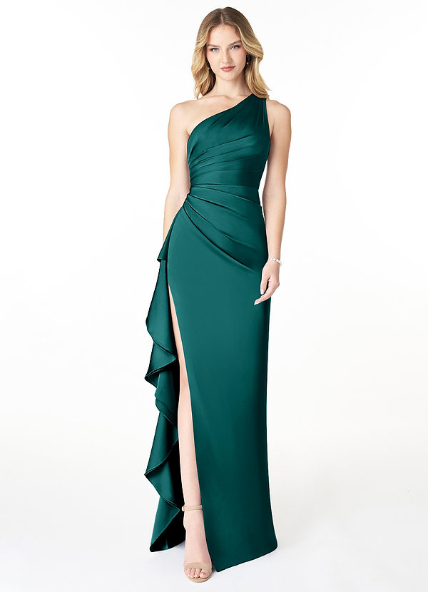 Azazie Latrice Bridesmaid Dresses Peacock Sheath One Shoulder Cascading Ruffles Stretch Satin Dress image1