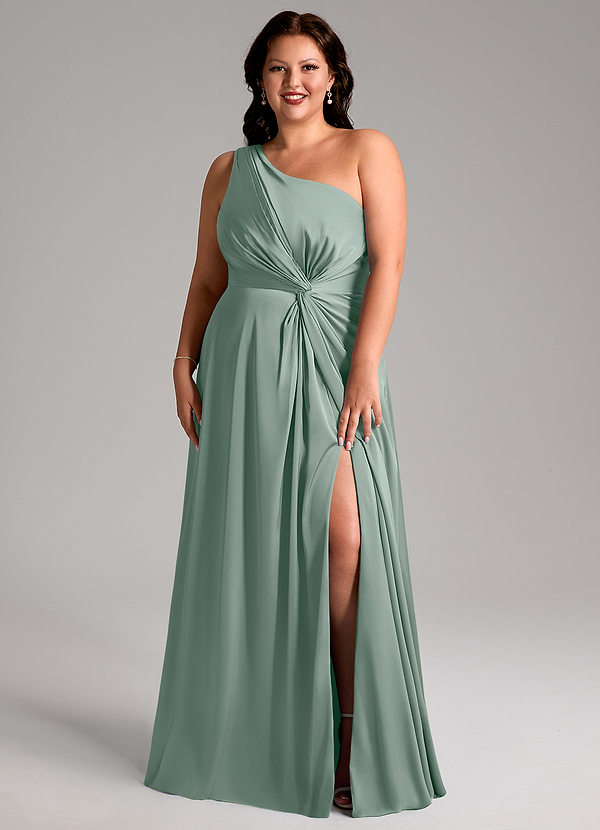 Azazie Brooke Bridesmaid Dresses Silver Sage A-Line One Shoulder Stretch Satin Dress image1