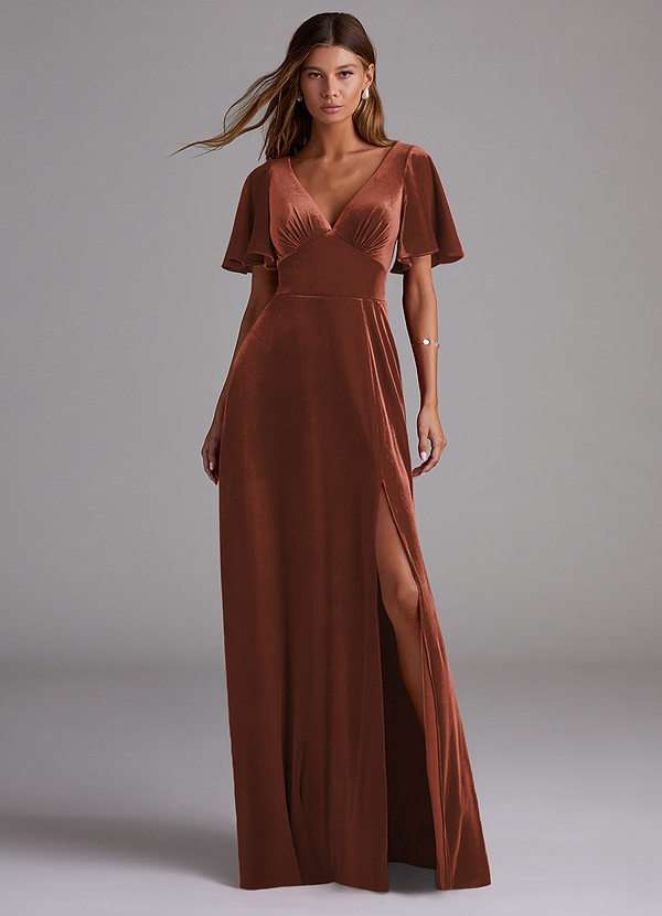 Azazie Kimber Bridesmaid Dresses Terracotta A-Line with Pockets Velvet Dress image1