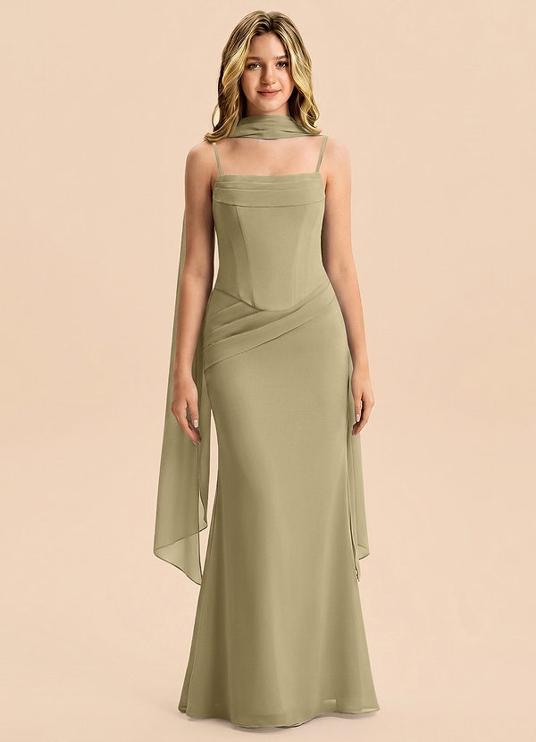 Azazie Sorrel Junior Meerjungfrau-Linie Plissee Chiffon Kleid Moosgrün image1
