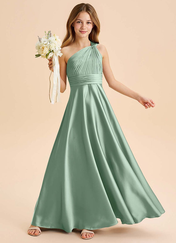 Azazie Charlize Junior Jurk van Stretch Satijn met A-Lijn Geplooid Agave image1