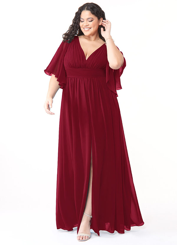 Azazie Temeka Robes Demoiselle d'honneur Robe Trapèze en Mousseline de soie Rayé Bourgogne image1