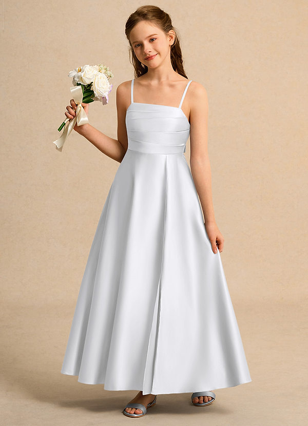 Azazie Pebbles Girl Bloemenmeisjes Jurken A-Lijn Jurk van Mat Satijn Geplooid Wit image1