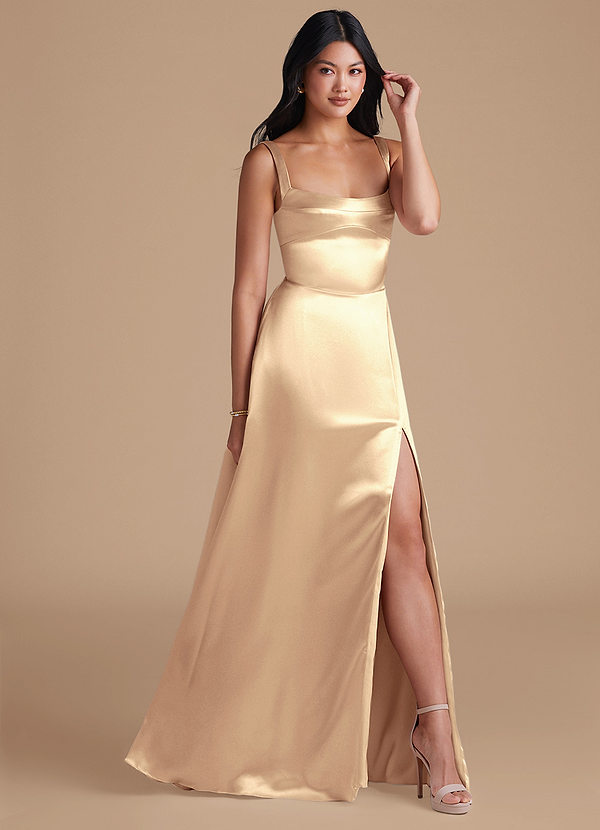 Azazie Hope Bridesmaid Dresses Gold A-Line with Pockets Metallic Satin Dress image1