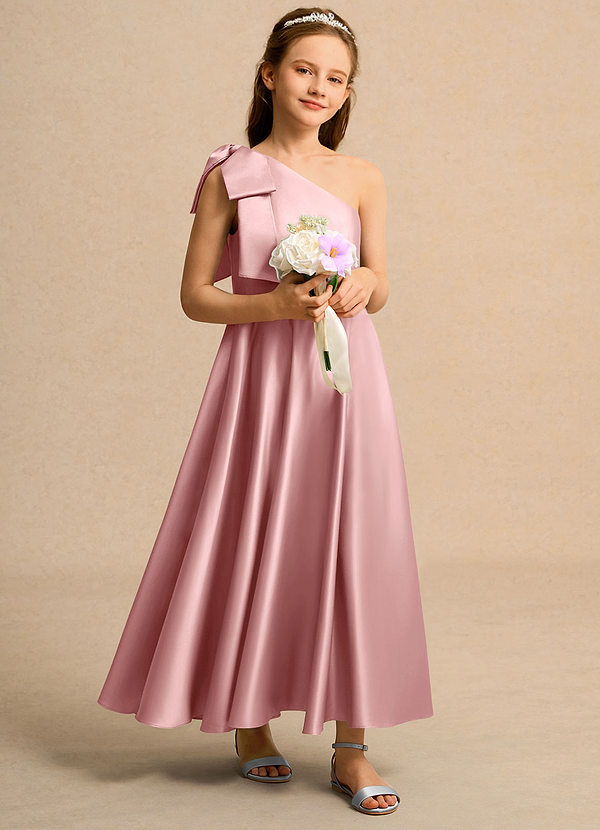 Azazie Guppy Girls Formal Flower Girl Dresses Dusty Rose A-Line One Shoulder Matte Satin Dress image1