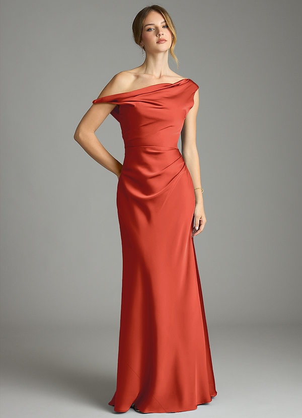 Azazie Emerson Bruidsmeisjesjurken Jurk van Stretch Satijn met Zeemeermin Off-shoulder Roest image1