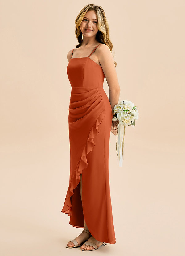 Azazie Buzzy Junior Burnt Orange Sheath Pleated Chiffon Dress image1