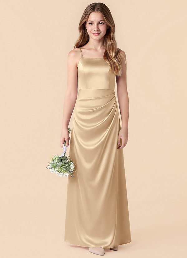 Azazie Renna Junior Champagne Mermaid Pleated Stretch Satin Dress image1